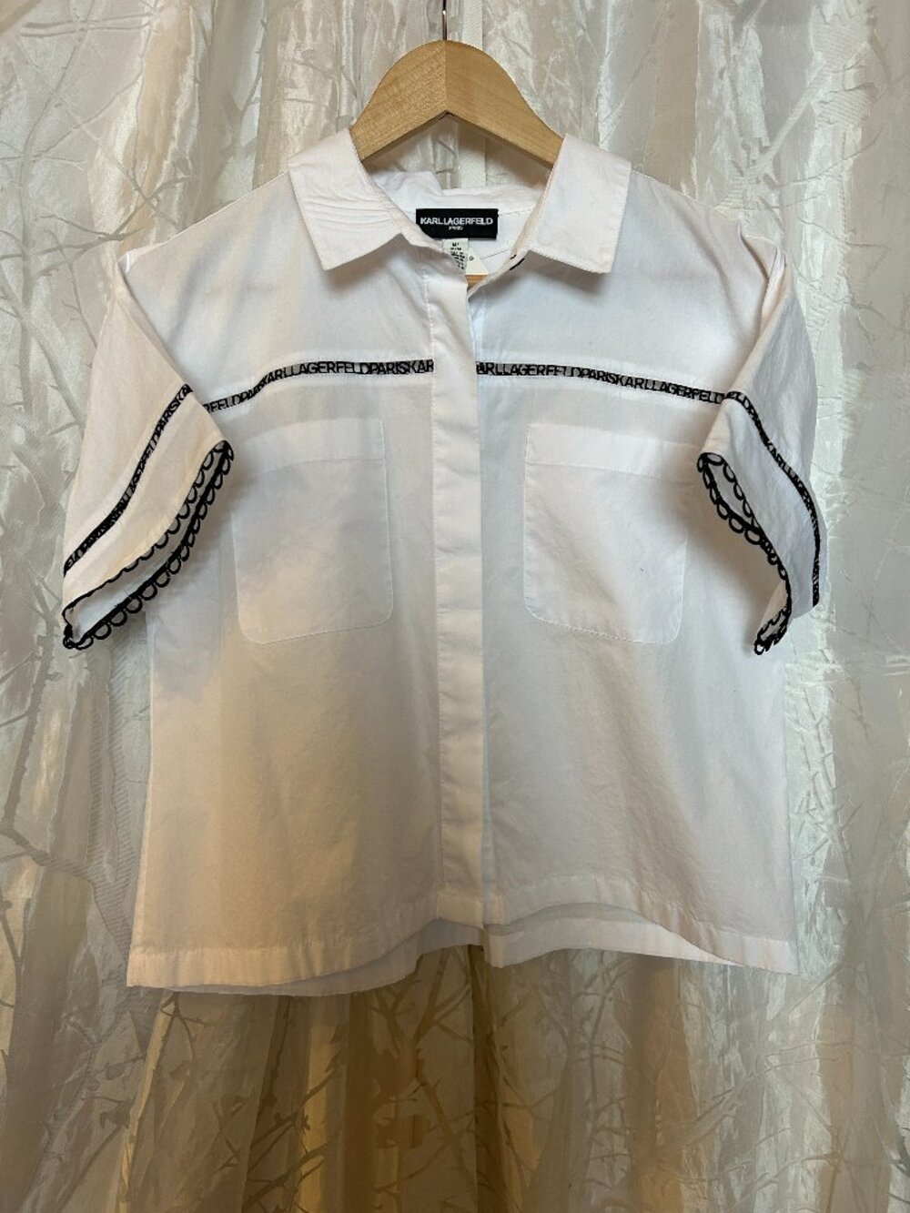 Karl Lagerfeld Paris Ladies White Button Up Cropped Top Blouse Shirt Sz Medium